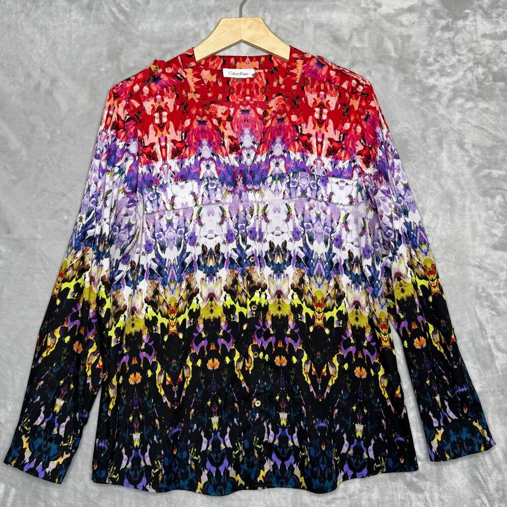 Calvin Klein Top Womens Large Multicolor Abstract Print Button Front Career